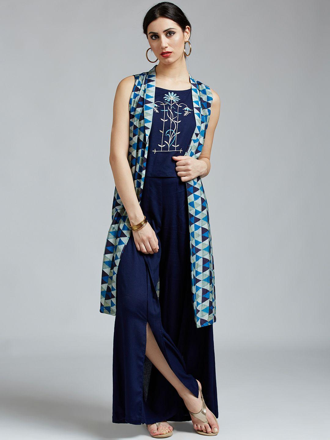 jaipur kurti women navy blue & embroidered top with palazzos & shrug