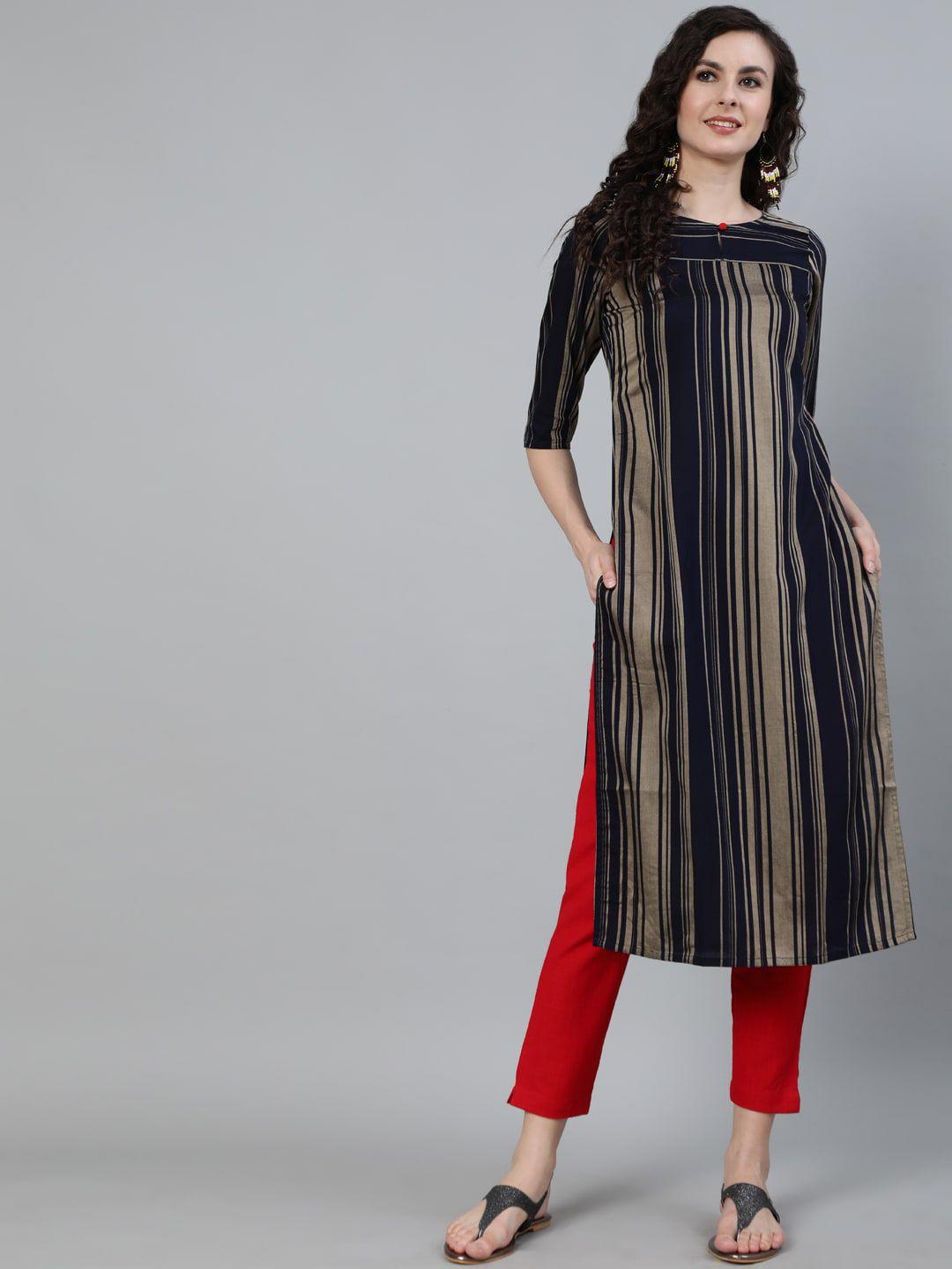 jaipur kurti women navy blue & gold striped keyhole neck straight kurta