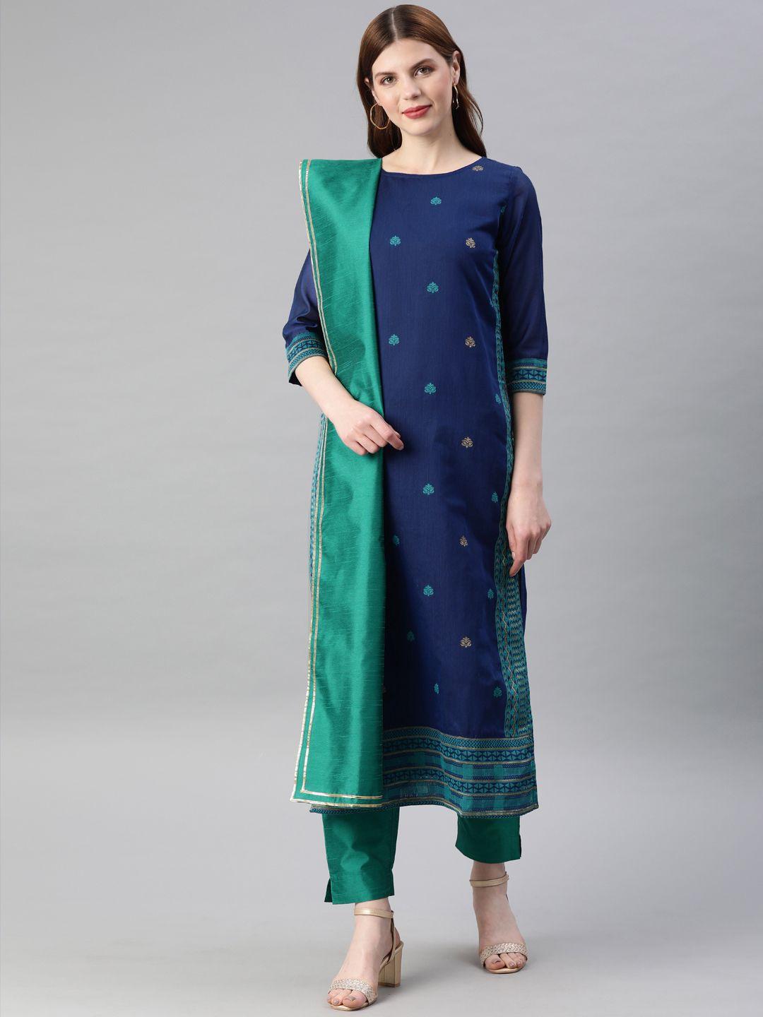 jaipur kurti women navy blue & green woven design kurta with trousers & dupatta