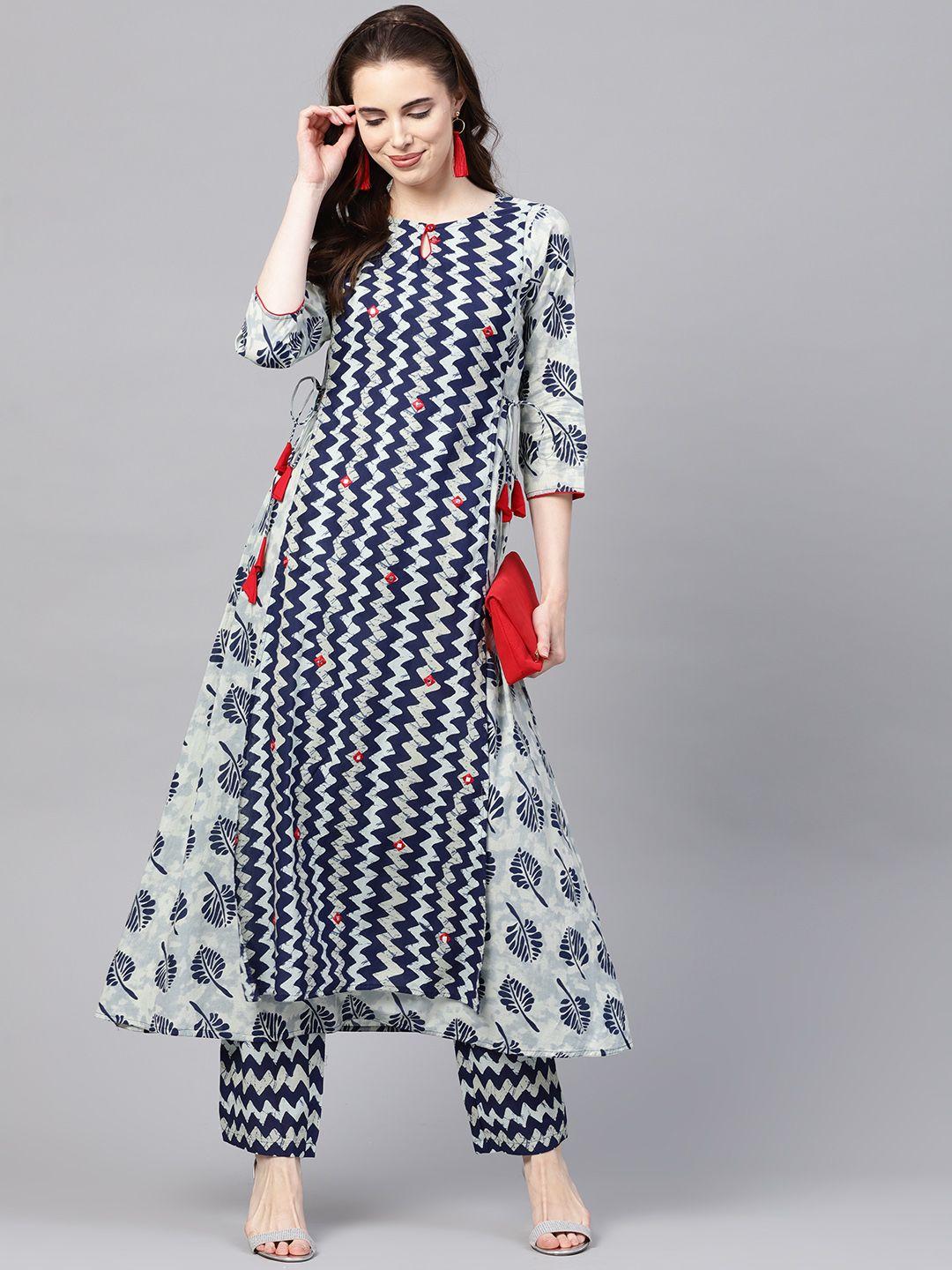 jaipur kurti women navy blue chevron print kurta with trousers