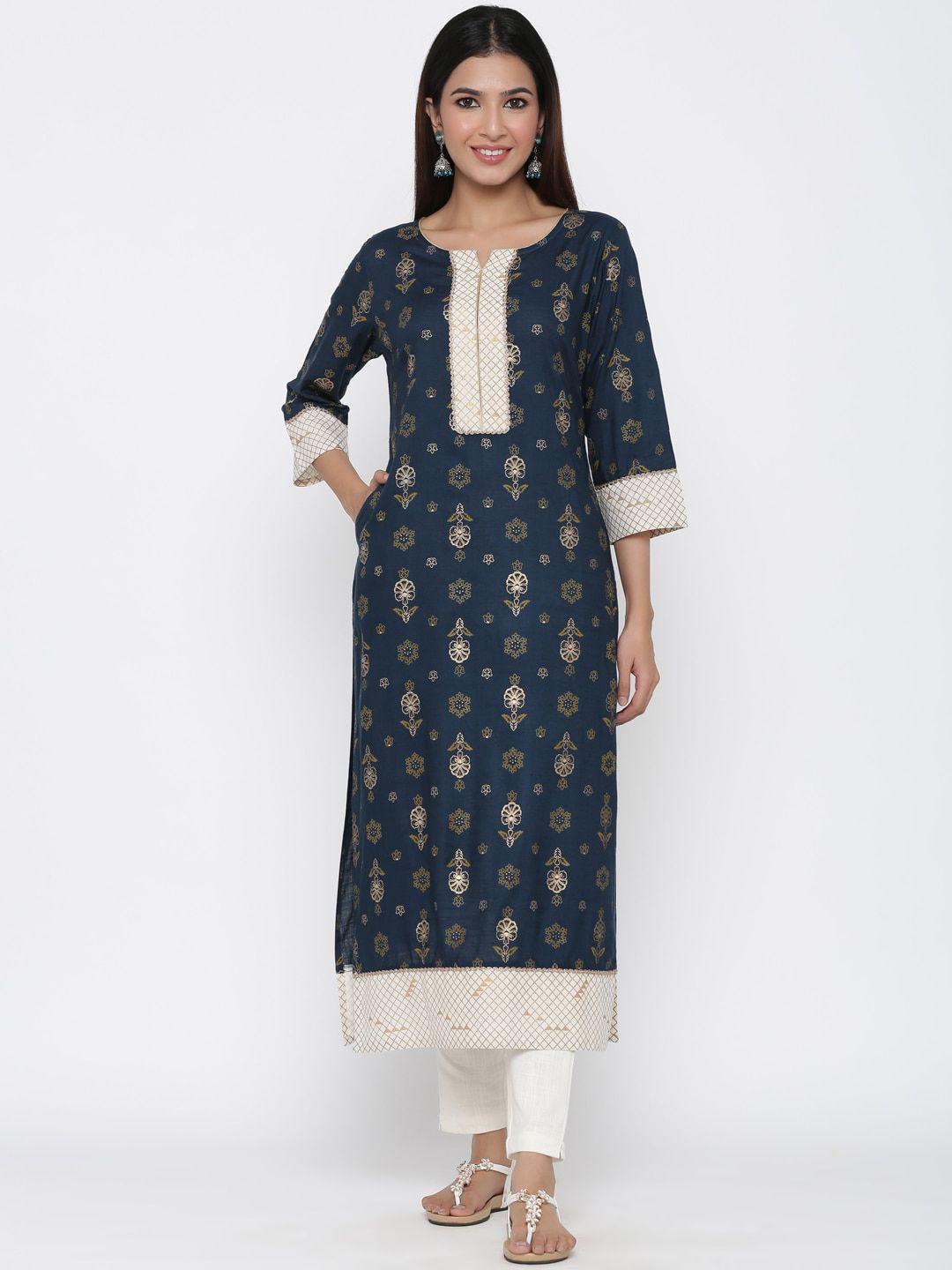 jaipur kurti women navy blue ethnic motifs printed kurta with trousers