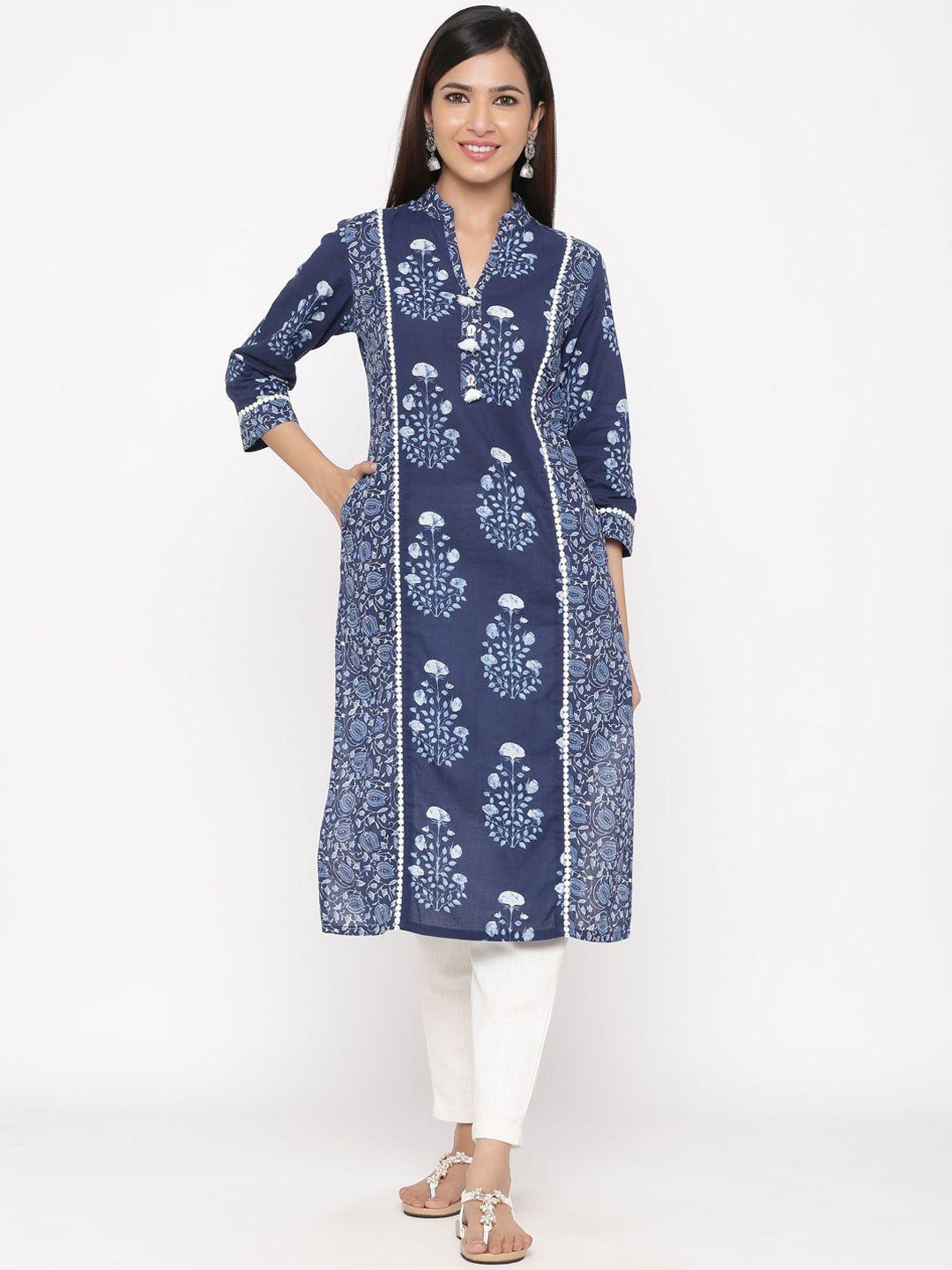 jaipur kurti women navy blue printed a-line kurta