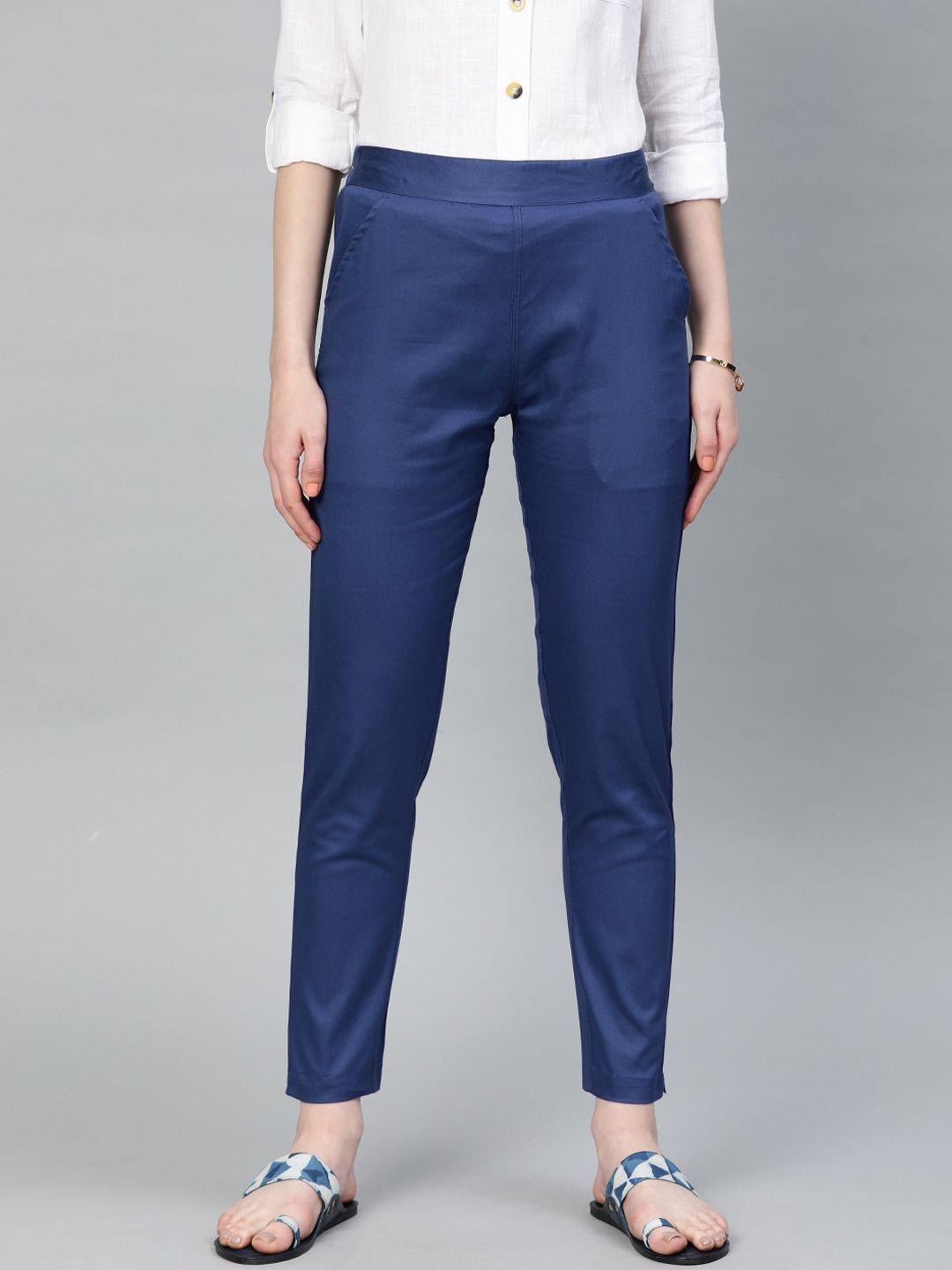 jaipur kurti women navy blue straight fit high-rise trousers