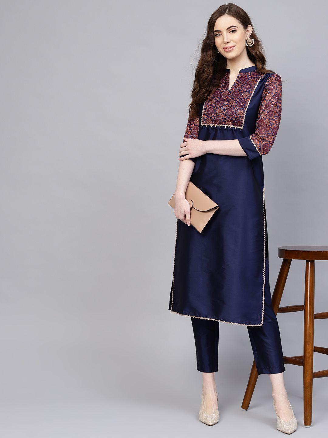 jaipur kurti women navy blue yoke design kurta with trousers