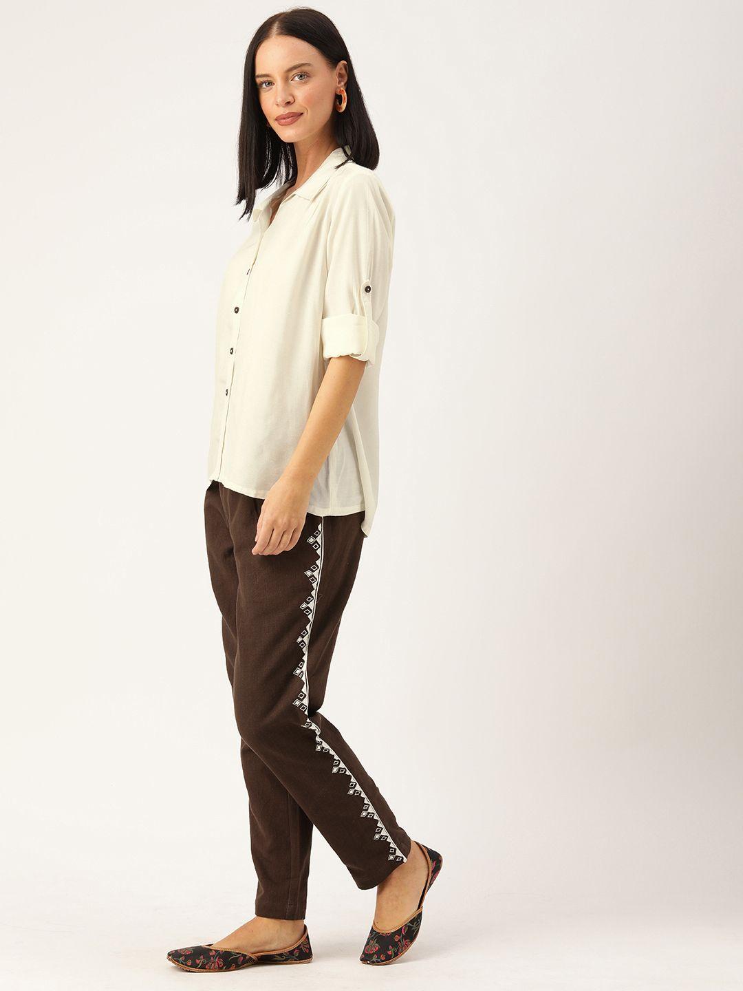 jaipur kurti women off-white & brown solid shirt with side printed trousers