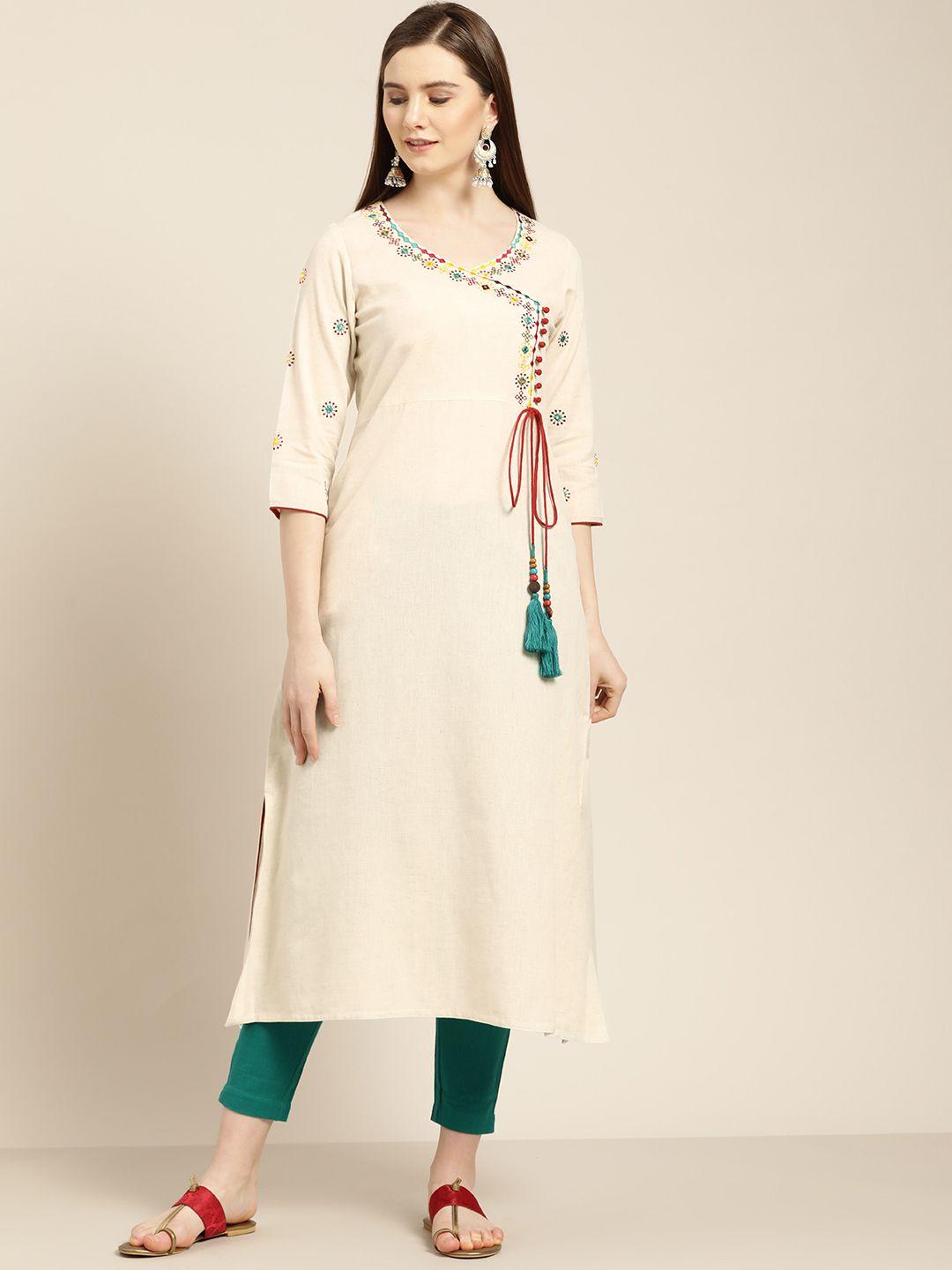 jaipur kurti women off-white & green solid angrakha kurta with trousers