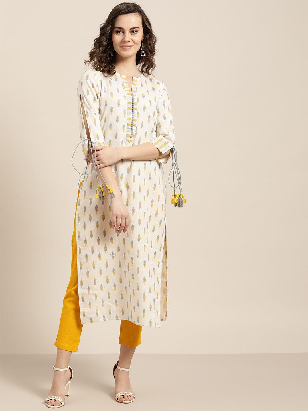 jaipur kurti women off-white & mustard yellow printed kurta with trousers