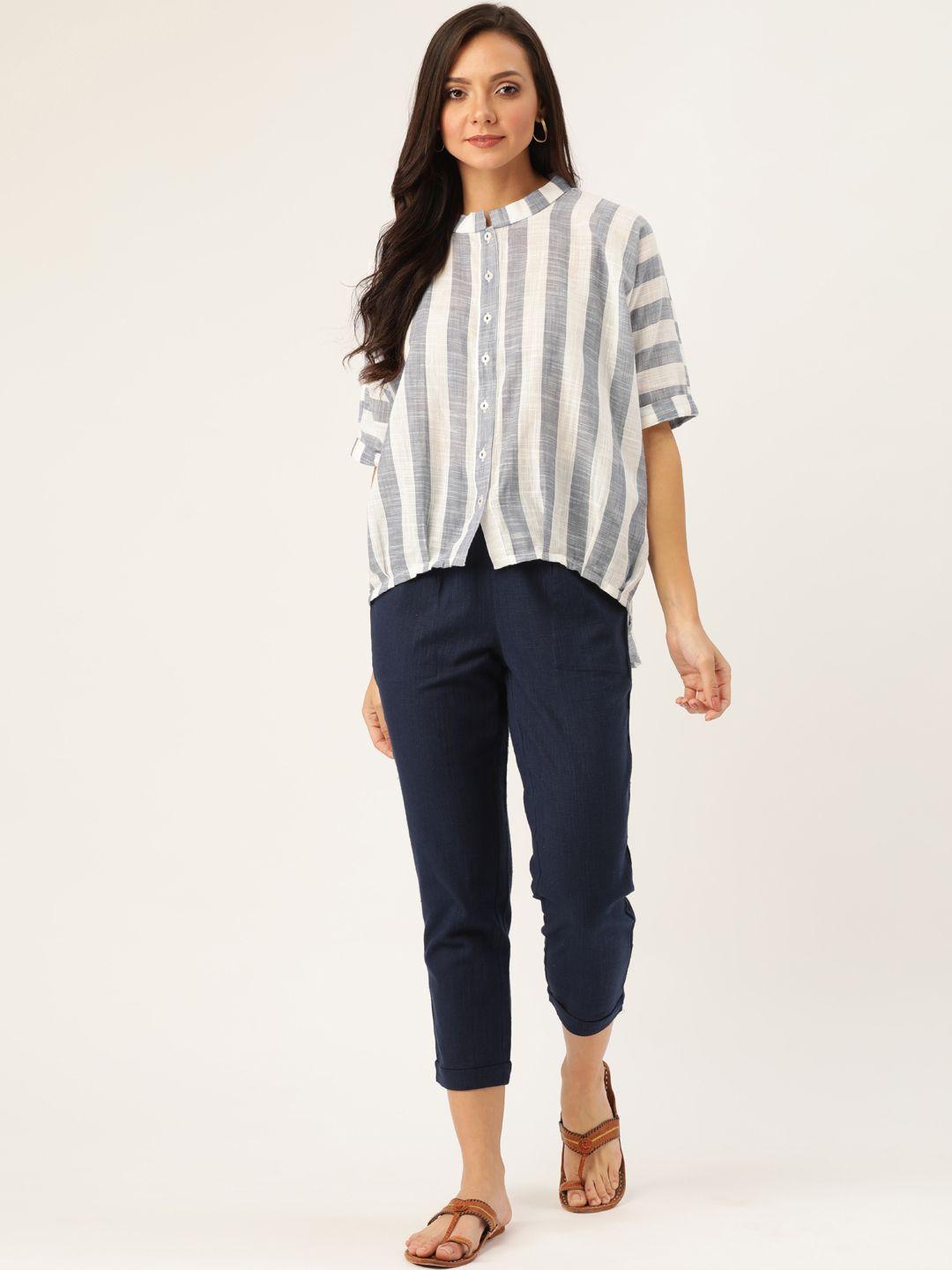 jaipur kurti women off-white & navy blue striped shirt with trousers