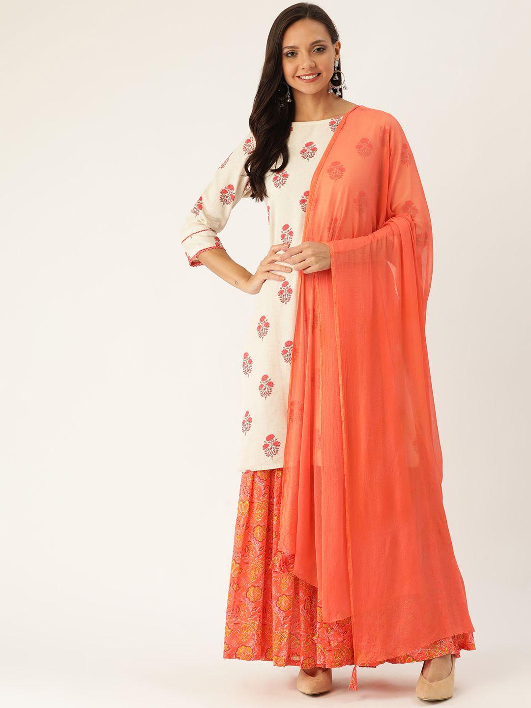 jaipur kurti women off-white & peach-coloured printed kurta with sharara & dupatta
