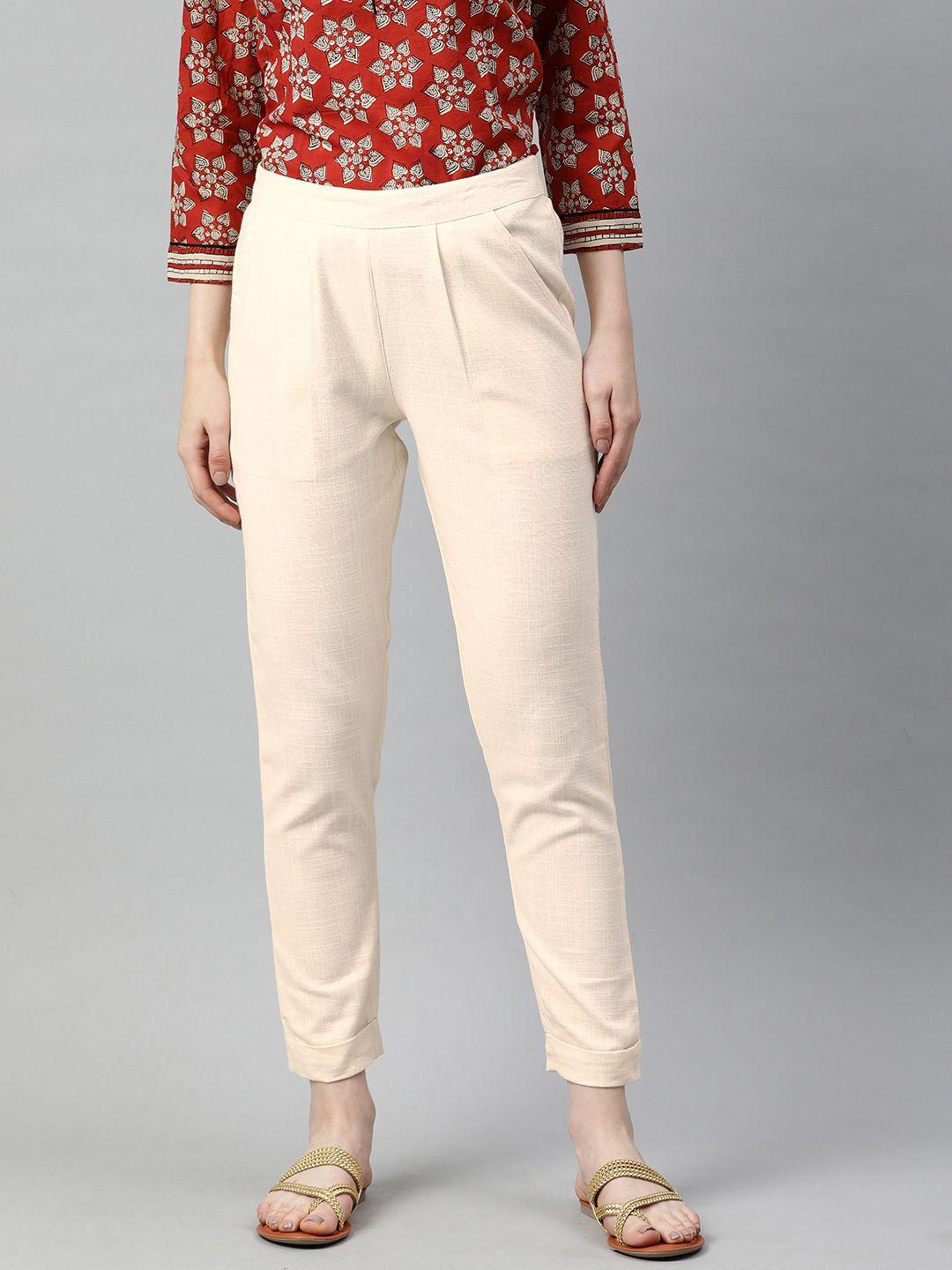 jaipur kurti women off-white regular fit solid cropped trousers