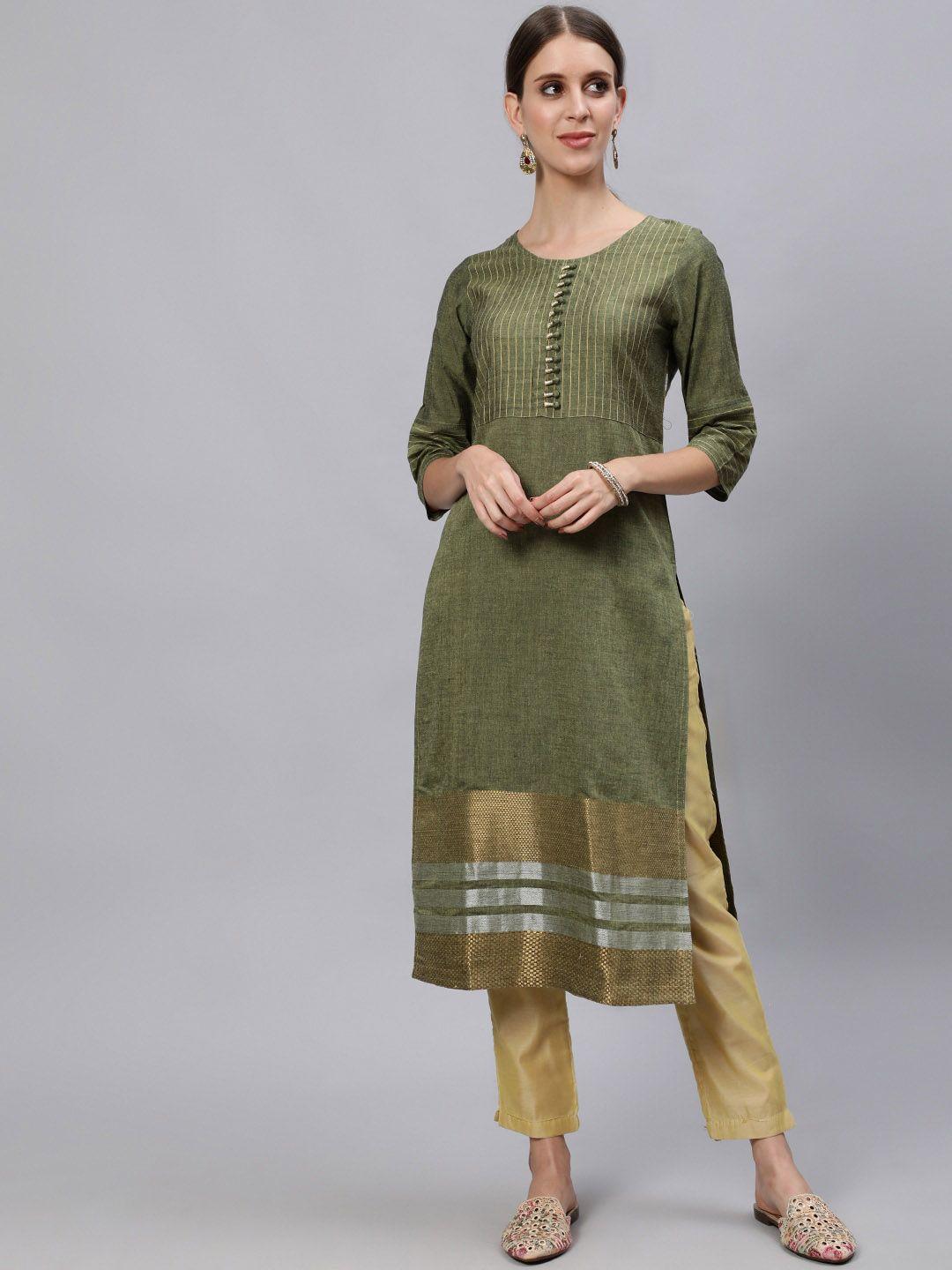 jaipur kurti women olive green & gold-toned pure cotton kurta