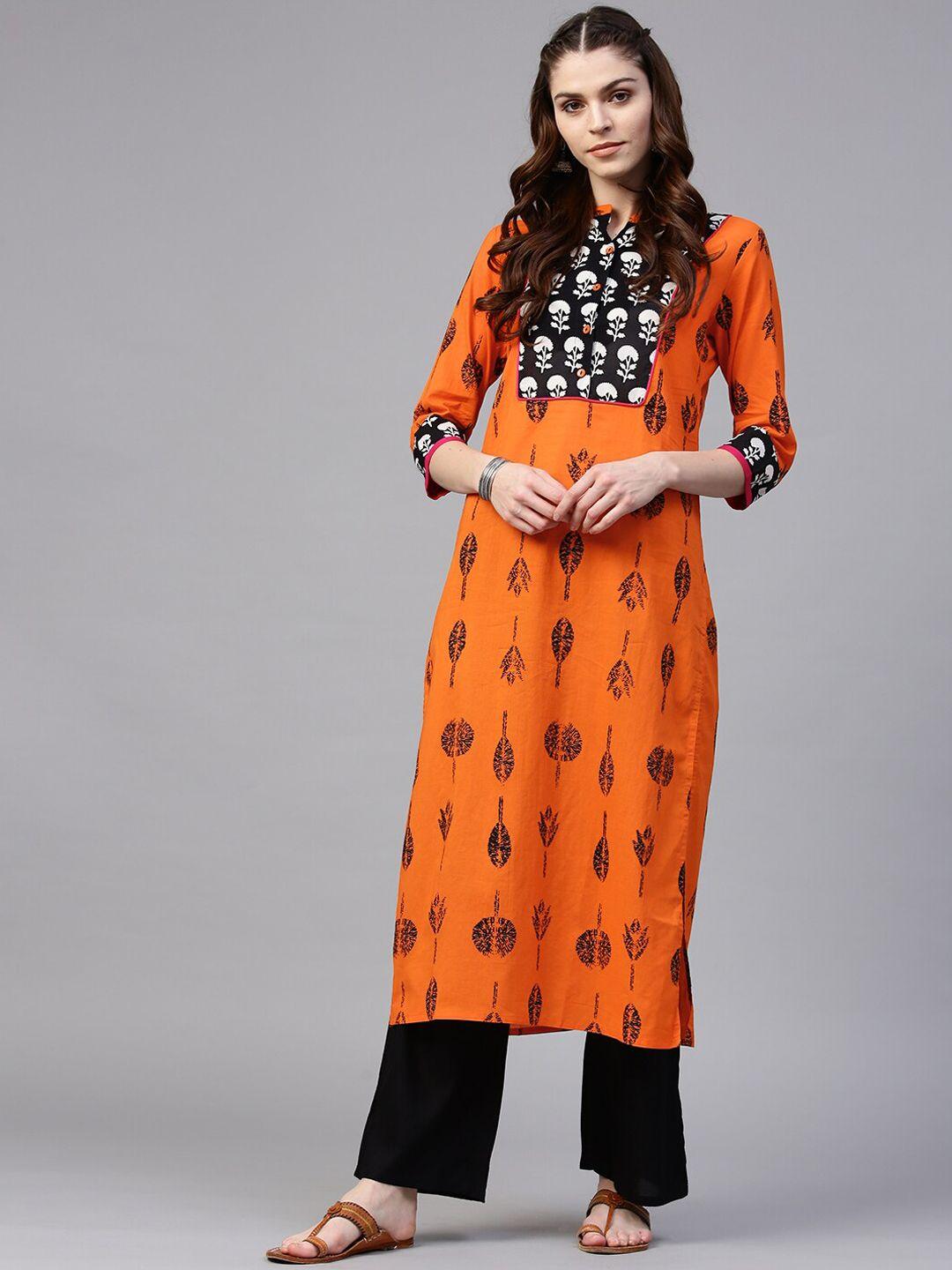 jaipur kurti women orange printed pure cotton kurta with palazzos