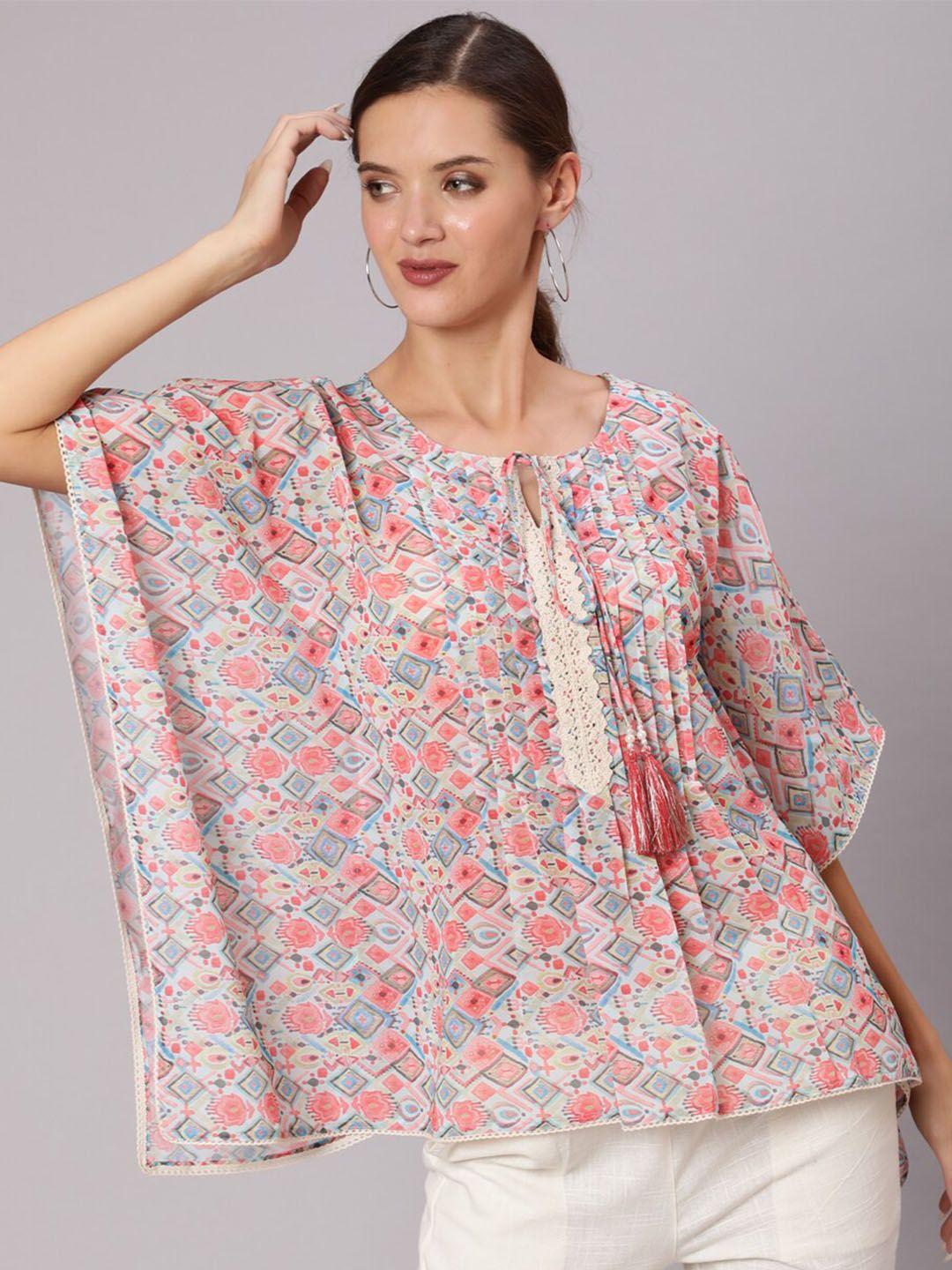 jaipur kurti women peach-colored & blue geometric printed kaftan top