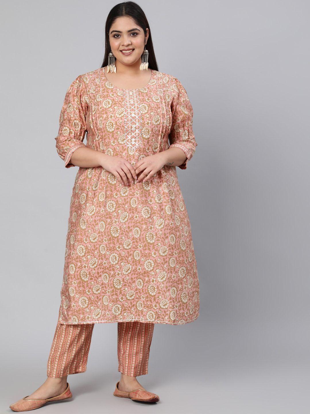 jaipur kurti women peach-coloured floral printed chanderi cotton kurta with trousers
