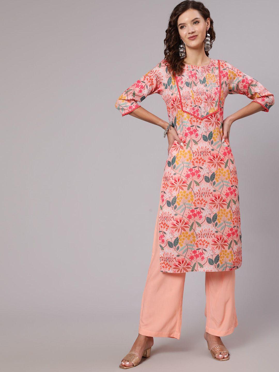 jaipur kurti women peach-coloured floral printed kurta with palazzos