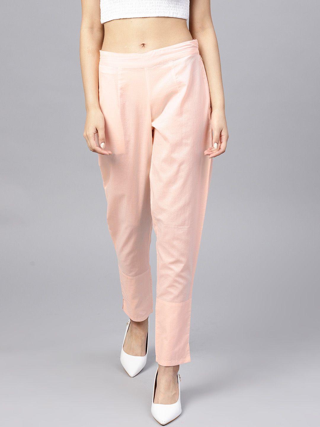 jaipur kurti women peach-coloured regular fit solid trousers