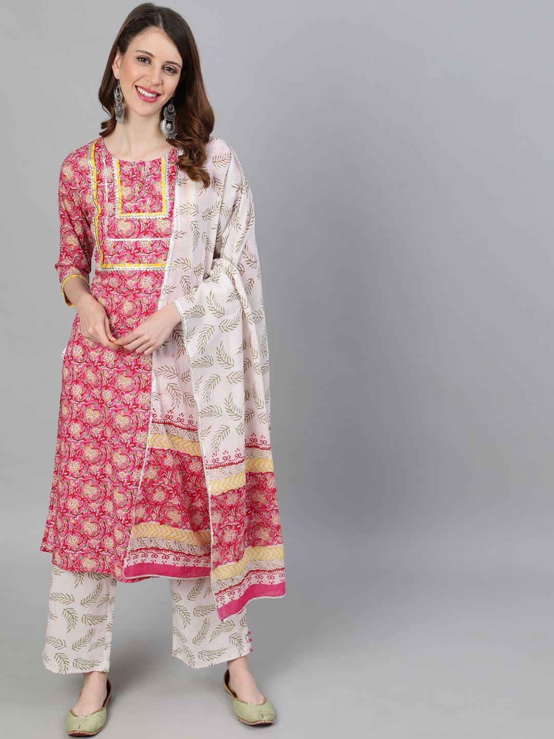 jaipur kurti women pink & cream-coloured printed kurta with trousers & dupatta