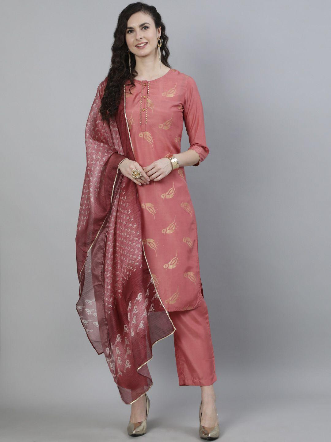 jaipur kurti women pink & gold woven designed kurta & trouser with dupatta