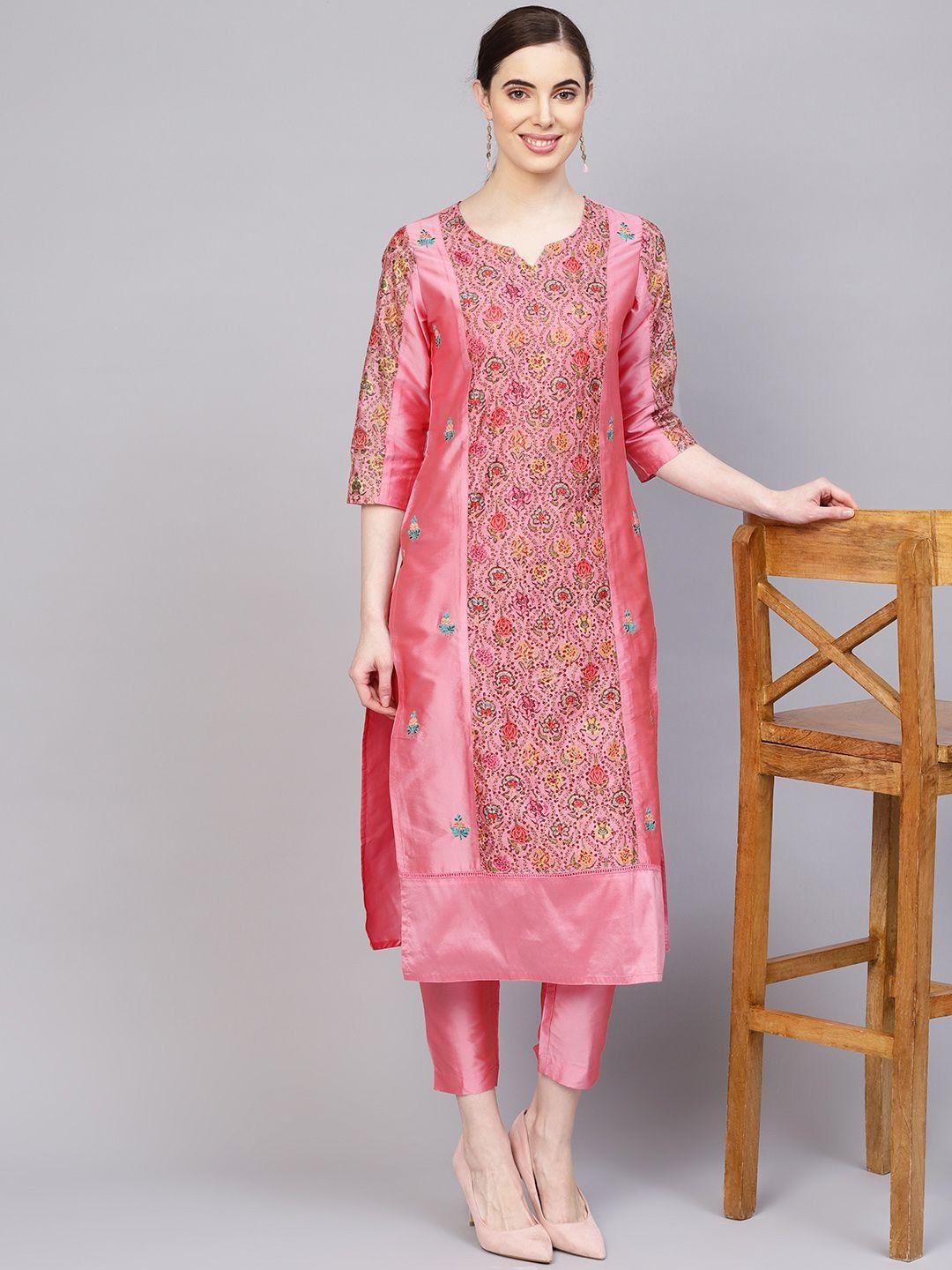 jaipur kurti women pink & green printed kurta with trousers
