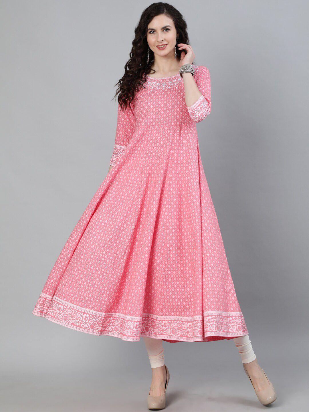 jaipur kurti women pink & white printed handloom anarkali kurta