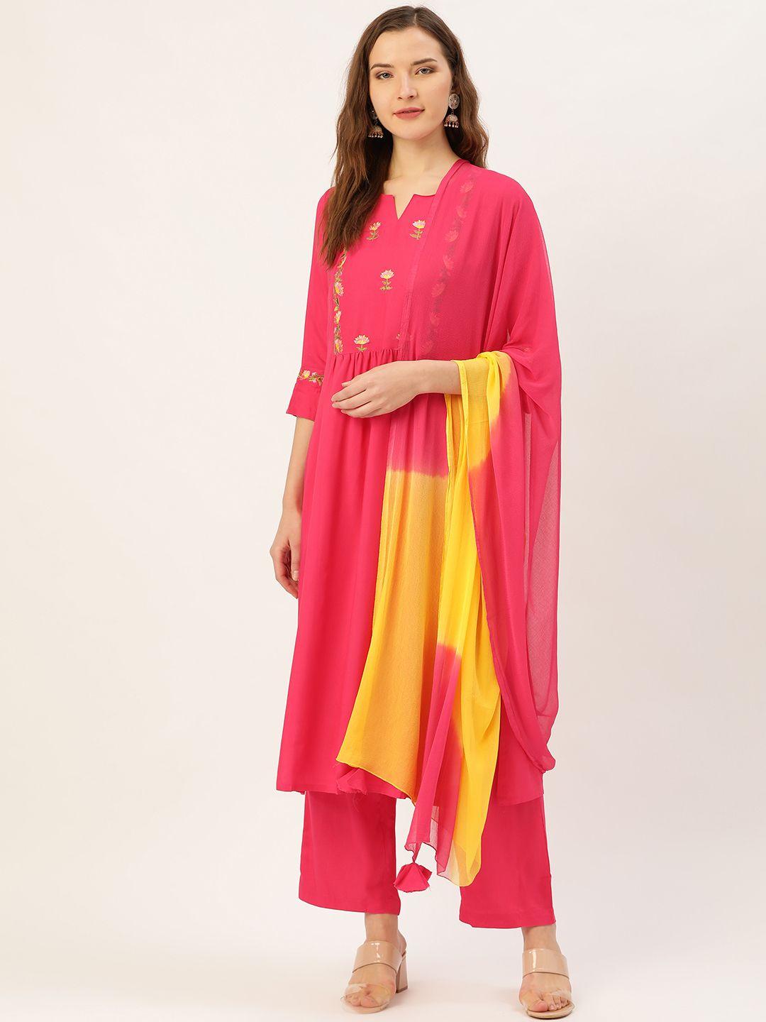 jaipur kurti women pink & yellow embroidered yoke design kurta with palazzos & dupatta
