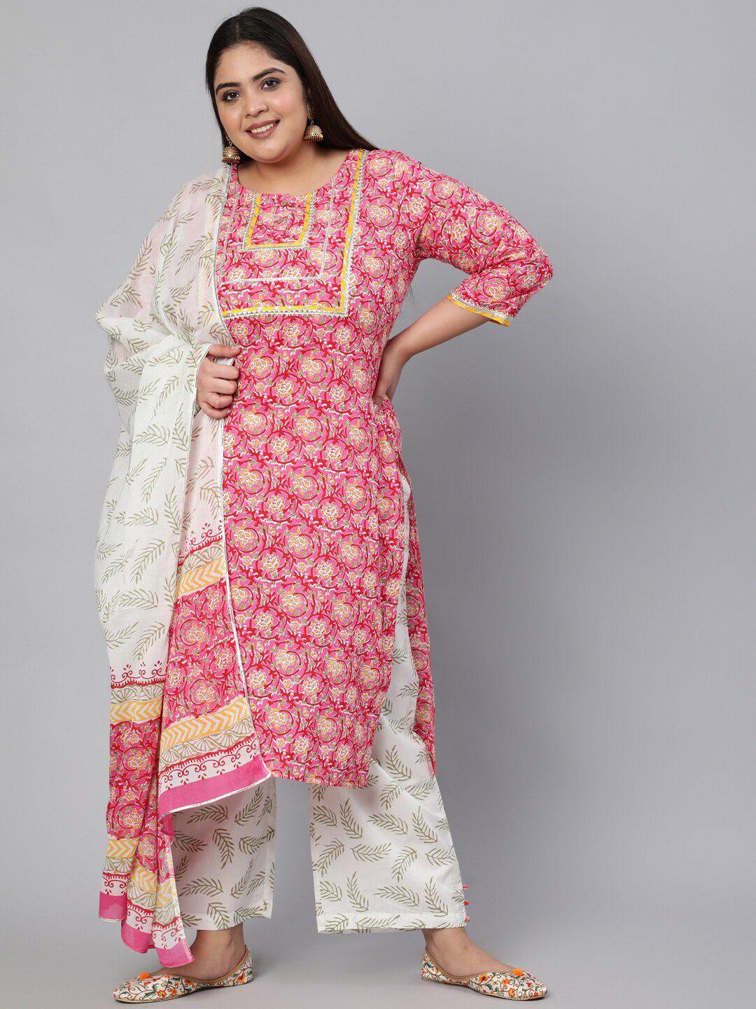jaipur kurti women pink ethnic motifs printed pure cotton kurta with palazzos & with dupatta