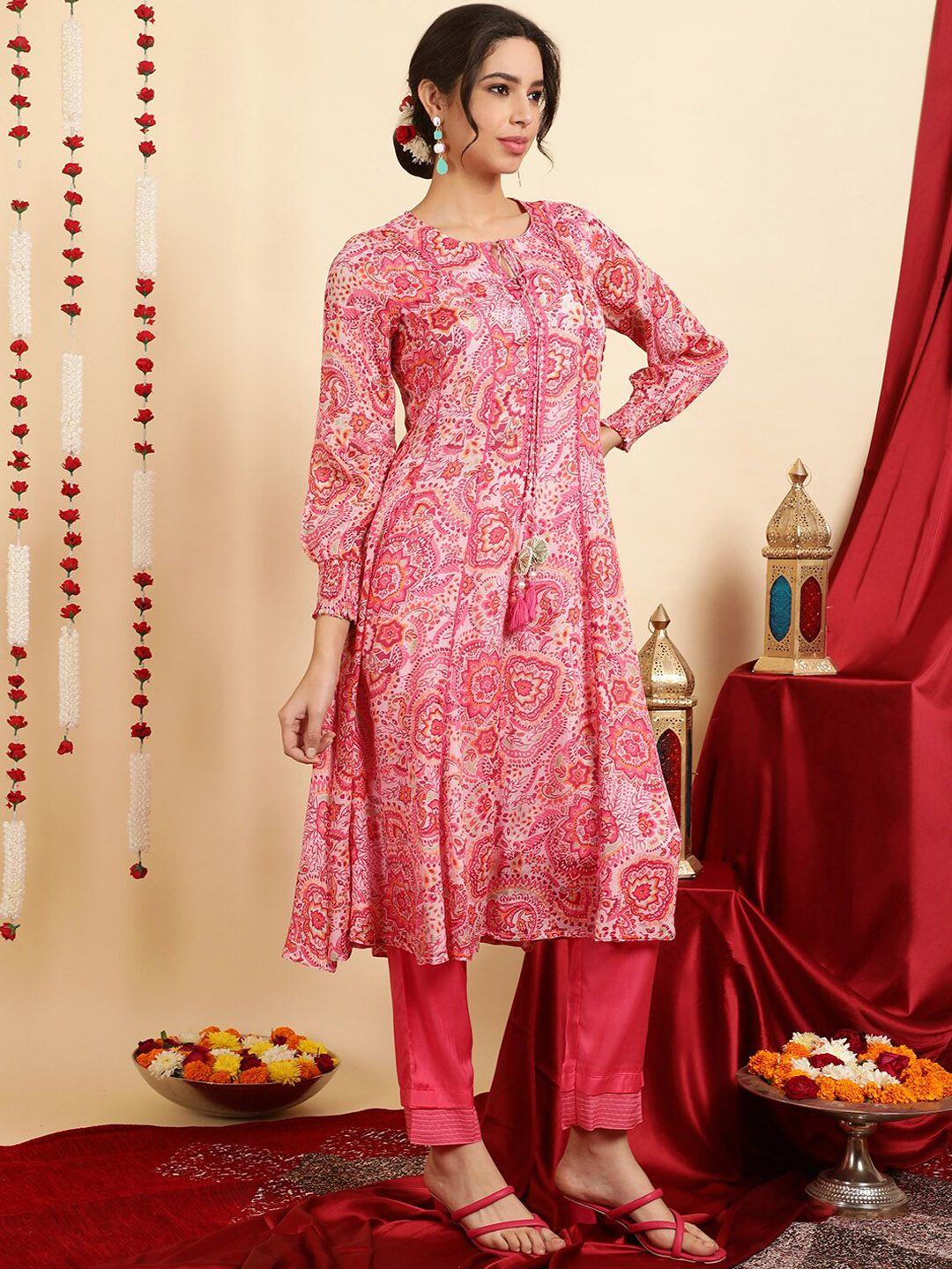 jaipur kurti women pink floral printed silk chiffon kurta with trousers & with dupatta