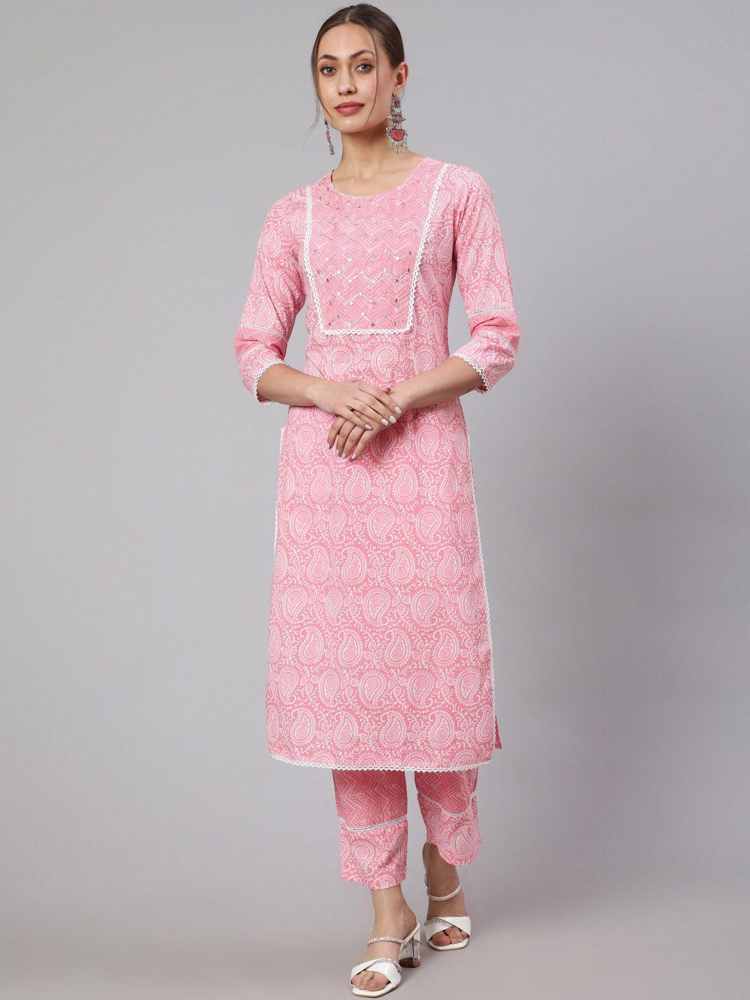 jaipur kurti women pink paisley printed regular pure cotton kurta with trousers