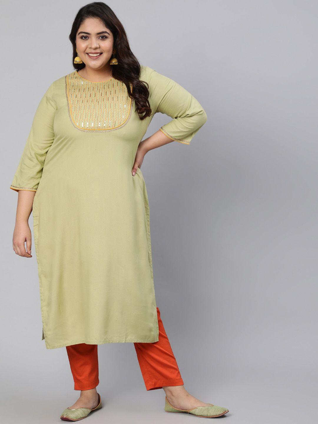 jaipur kurti women plus size green yoke design thread work straight kurta