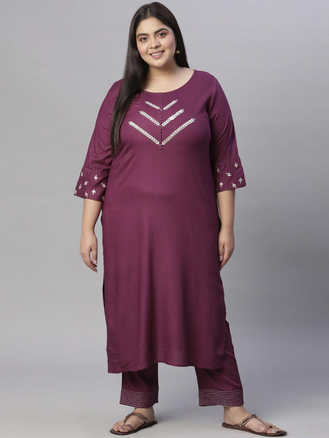 jaipur kurti women plus size purple zari yoke embroidery straight kurta with palazzos