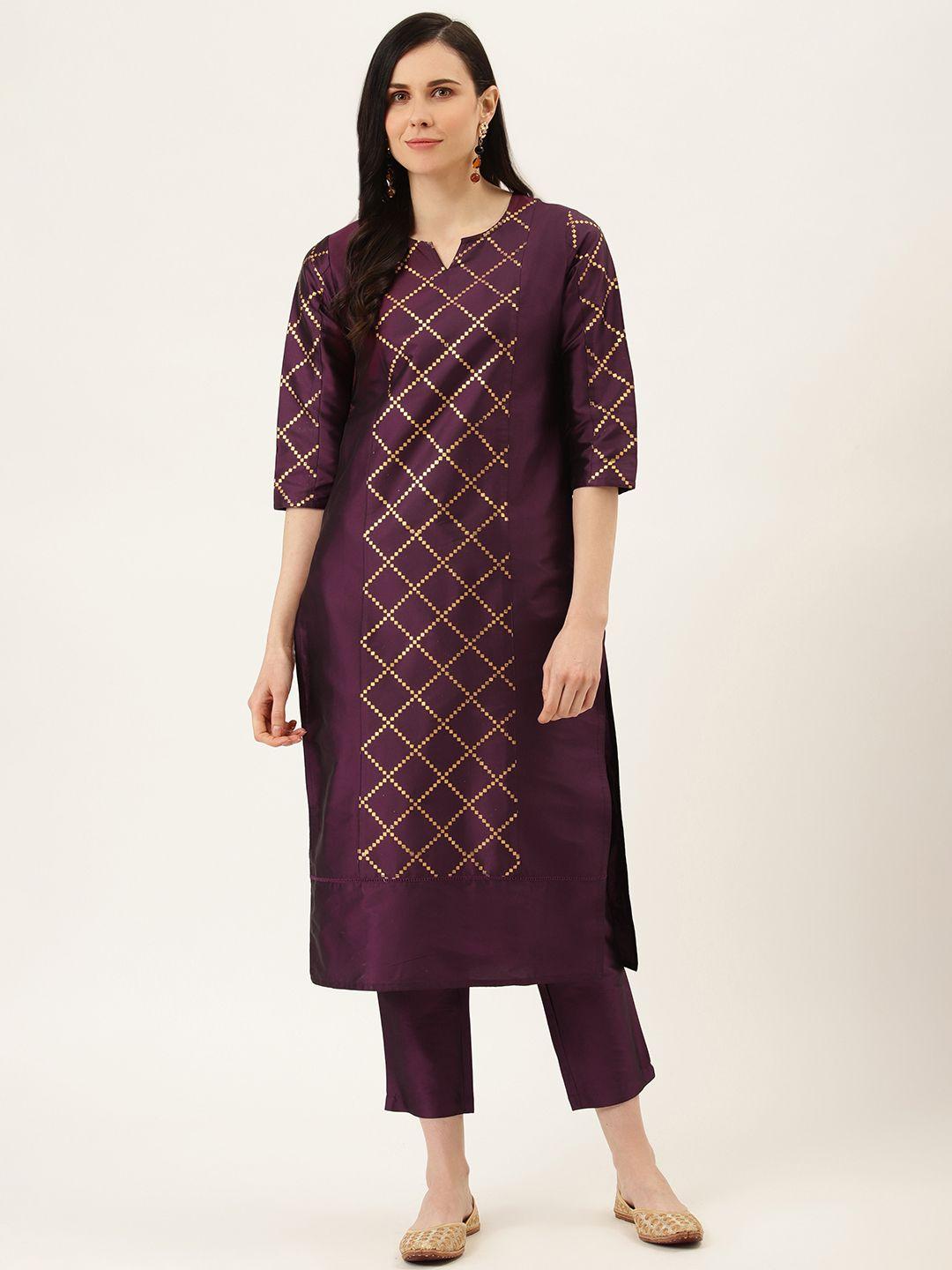 jaipur kurti women purple & golden printed kurta with trousers