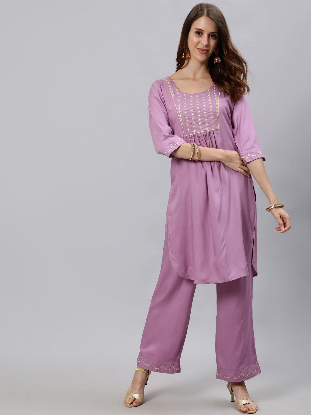 jaipur kurti women purple embroidered yoke design regular kurti with trousers