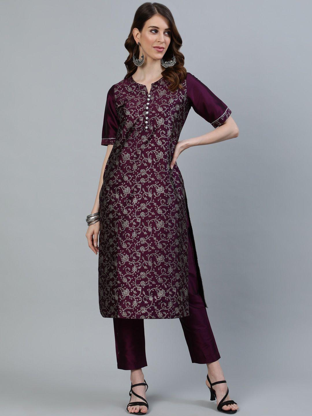 jaipur kurti women purple floral embroidered kurta with trousers