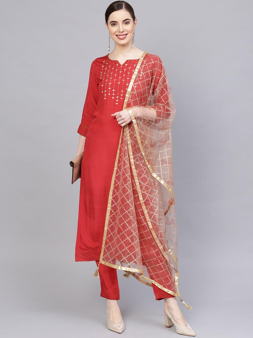 jaipur kurti women red & golden yoke design kurta with trousers & dupatta