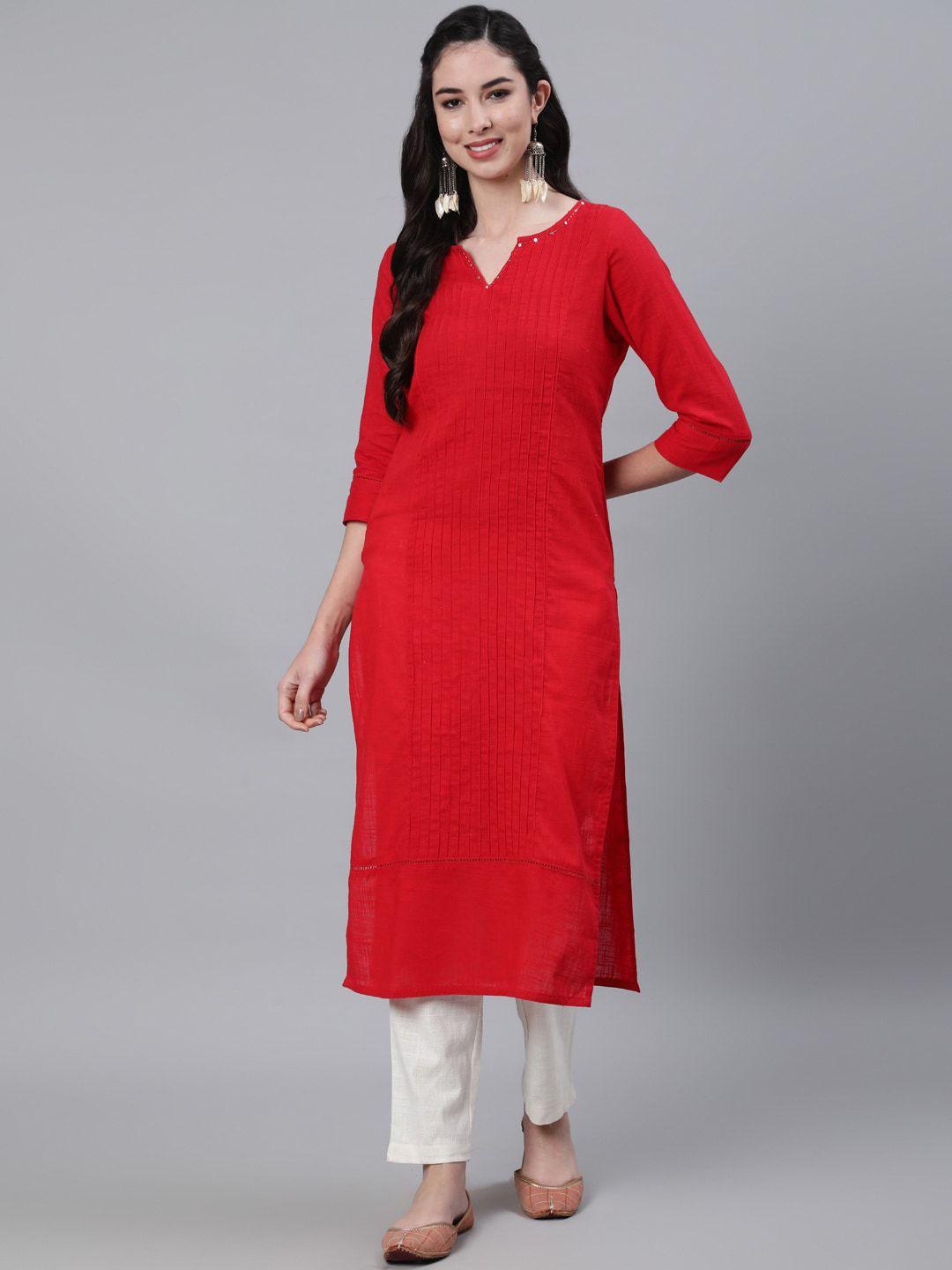 jaipur kurti women red cotton pin tucks straight kurta