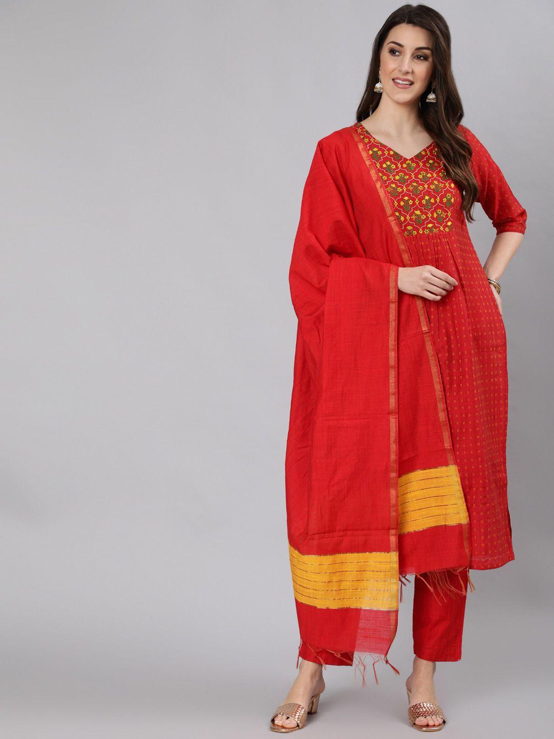 jaipur kurti women red floral chanderi silk kurta with trousers & with dupatta