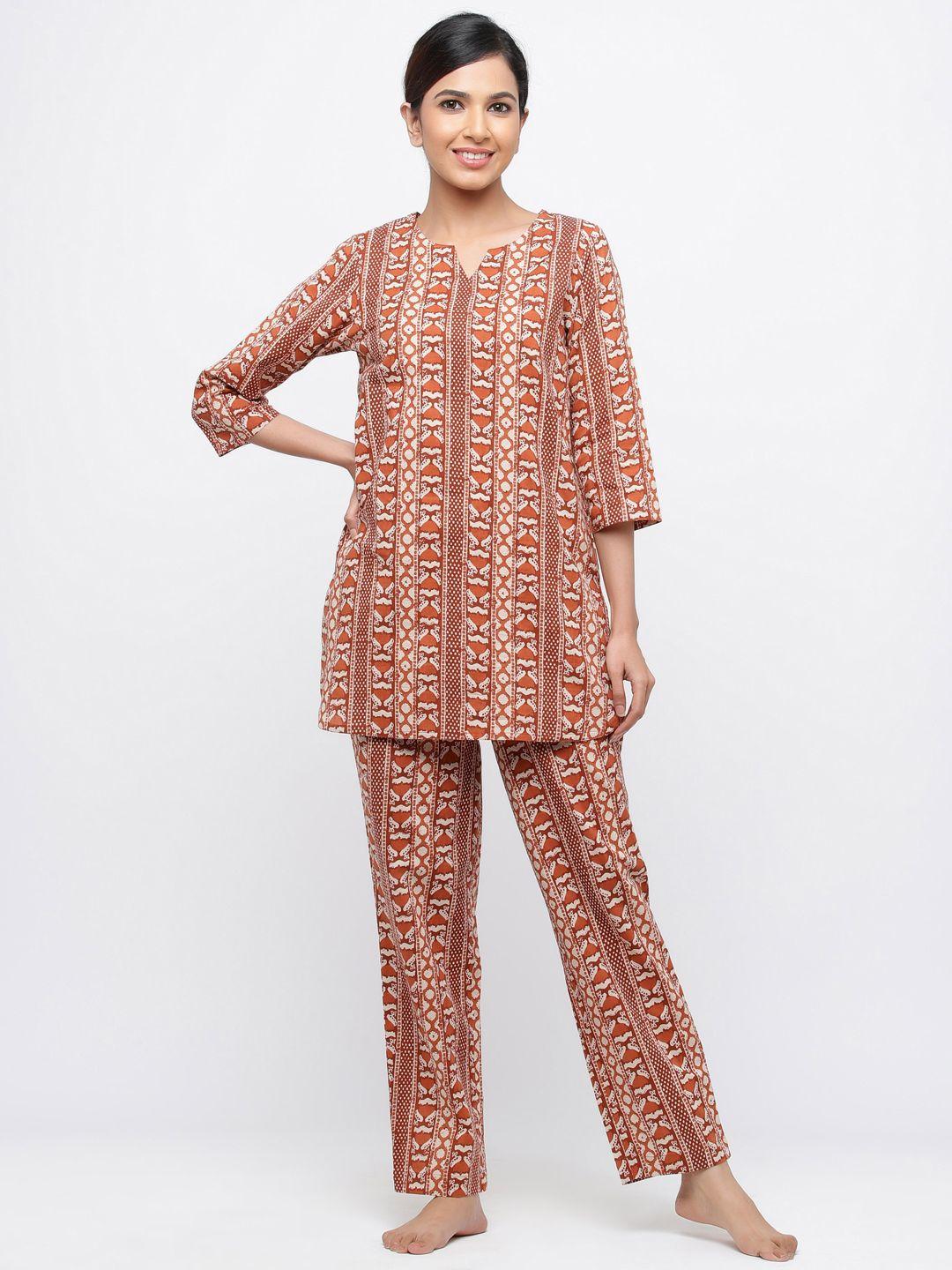 jaipur kurti women rust & white printed night suit
