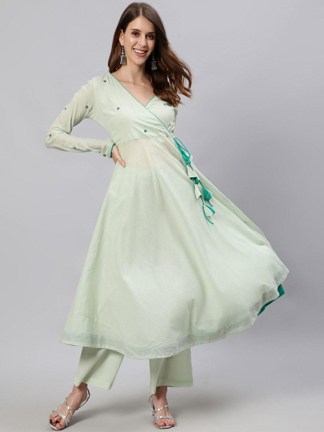 jaipur kurti women sea green angrakha pure cotton kurta with palazzos