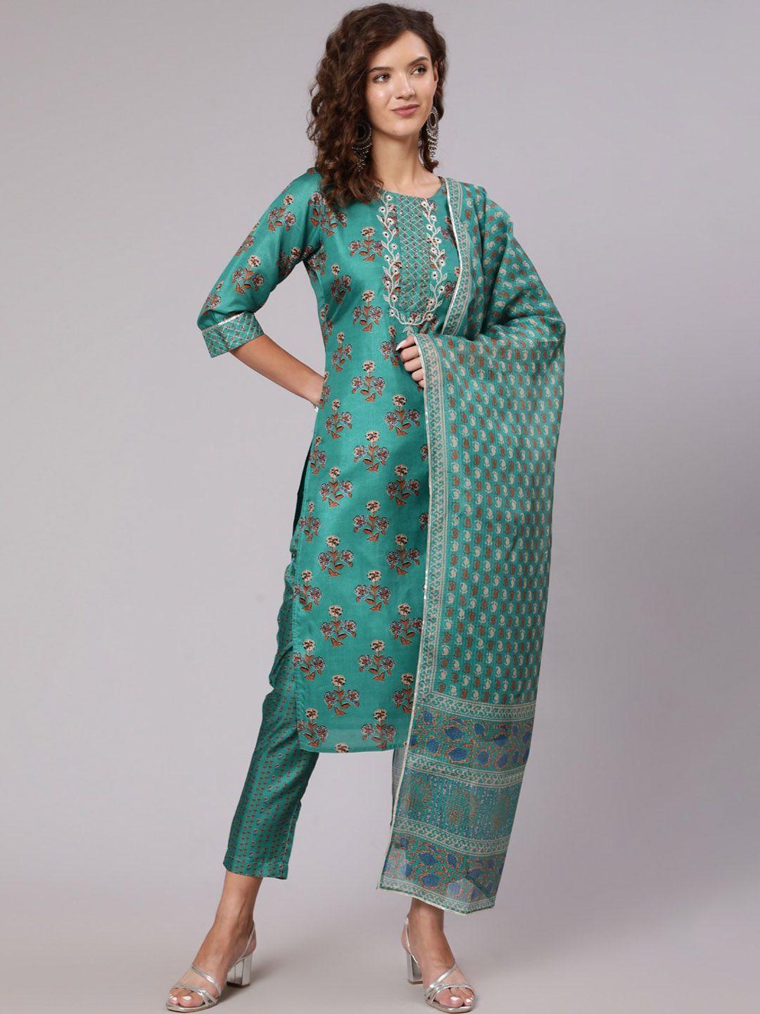 jaipur kurti women sea green ethnic motifs printed kurta with trousers & dupatta