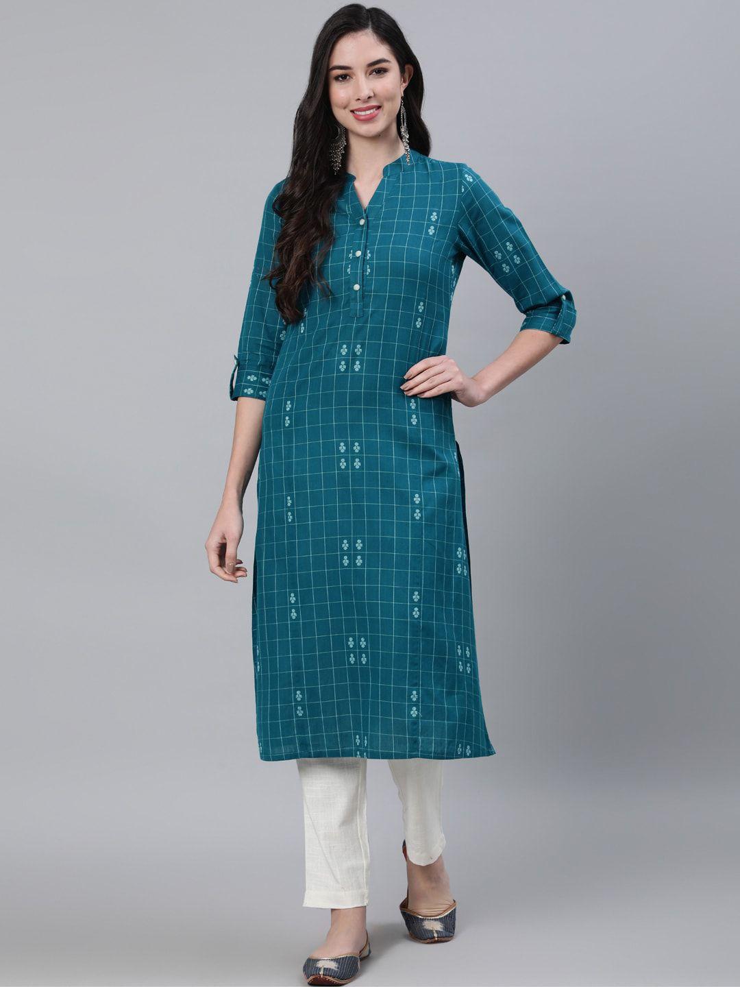 jaipur kurti women teal checked kurta