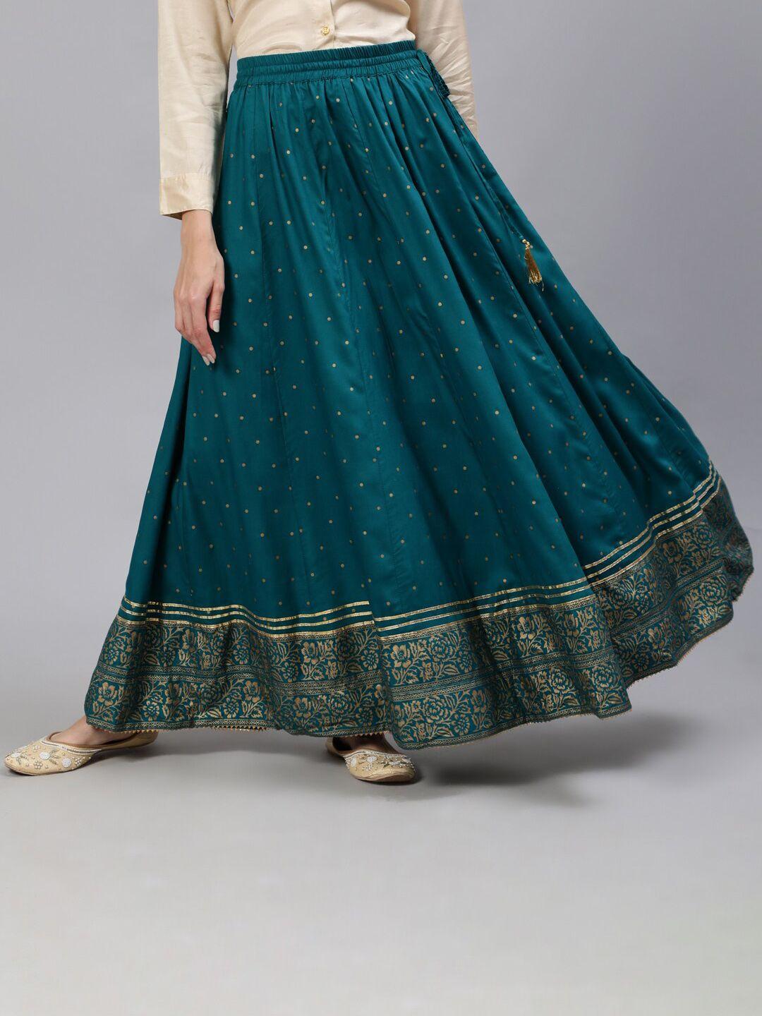 jaipur kurti women turquoise blue & gold-coloured ethnic motifs print flared maxi skirt