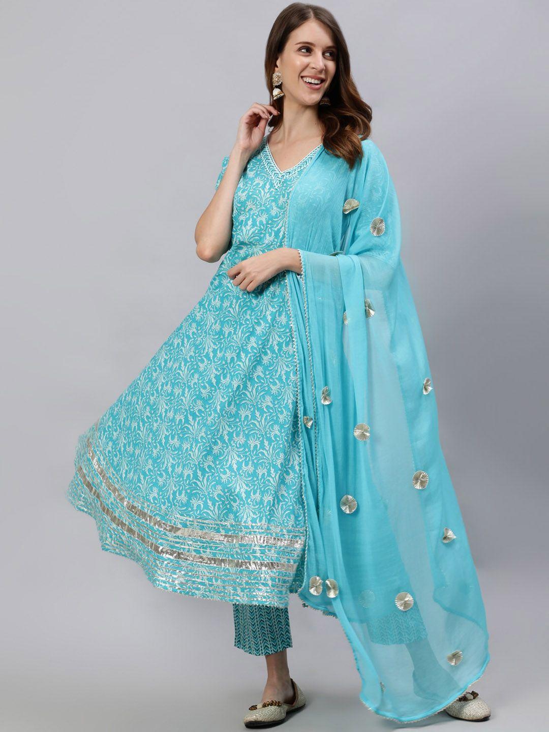 jaipur kurti women turquoise blue floral printed regular kurta with trousers & dupatta