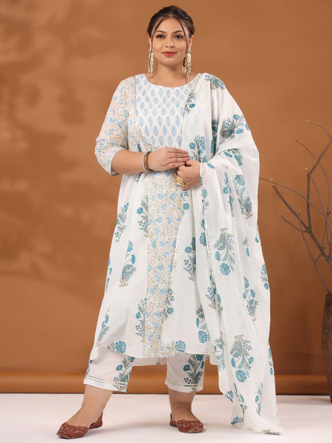jaipur kurti women white ethnic motifs printed empire gotta patti pure cotton kurta with trousers & with