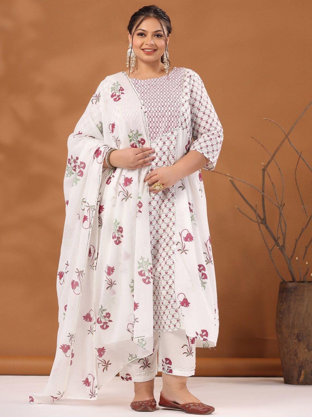 jaipur kurti women white ethnic motifs printed empire pure cotton kurta with trousers & with dupatta