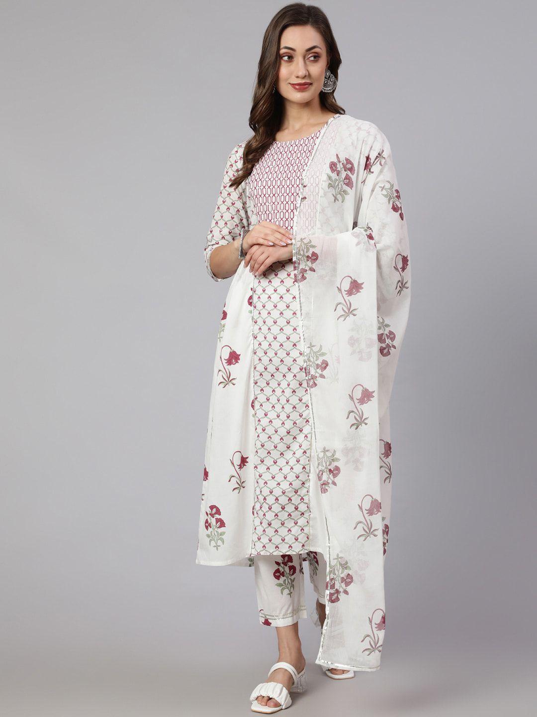 jaipur kurti women white ethnic motifs printed regular pure cotton kurta with trousers & with dupatta