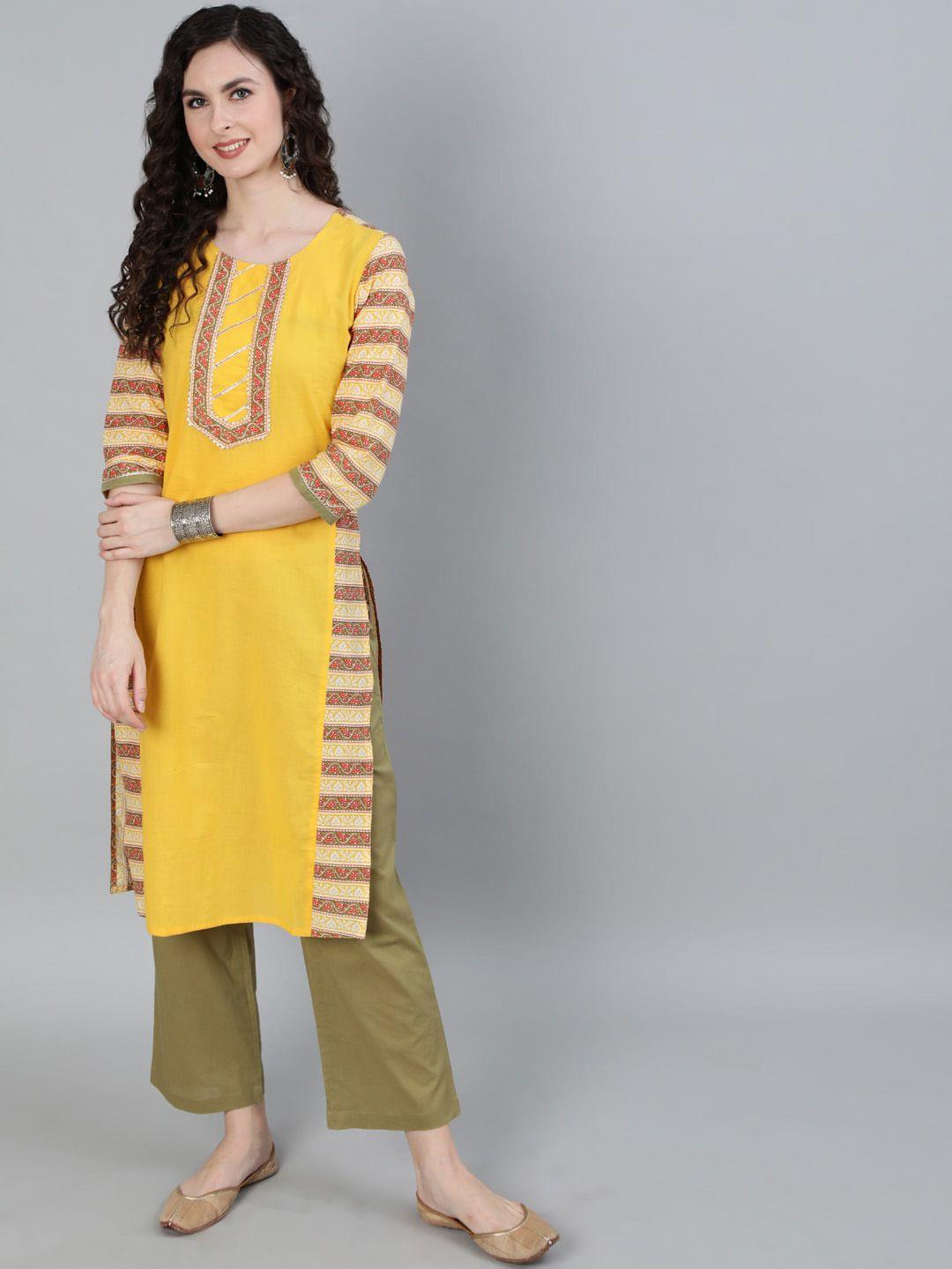 jaipur kurti women yellow & green ethnic motifs printed pure cotton kurta with trousers