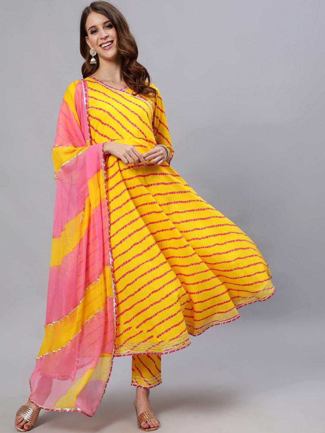 jaipur kurti women yellow & pink striped angrakha pure cotton kurta & trousers & dupatta