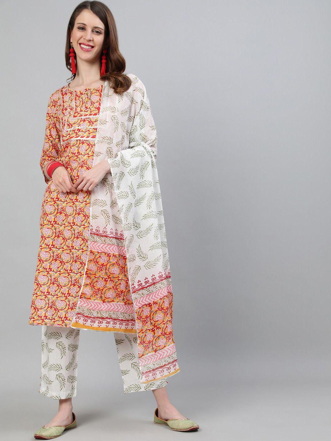 jaipur kurti women yellow & white printed kurta with trousers & dupatta