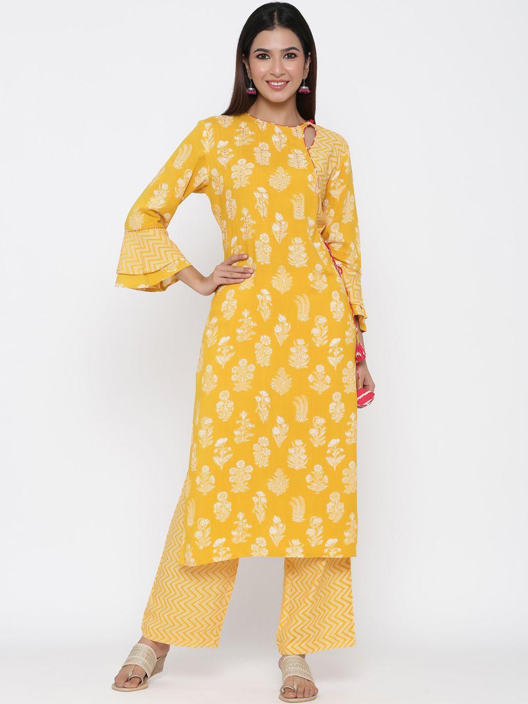 jaipur kurti women yellow printed kurta with palazzos