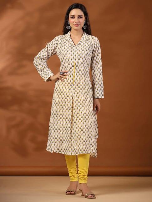 jaipur kurti yellow & white cotton printed a line kurta